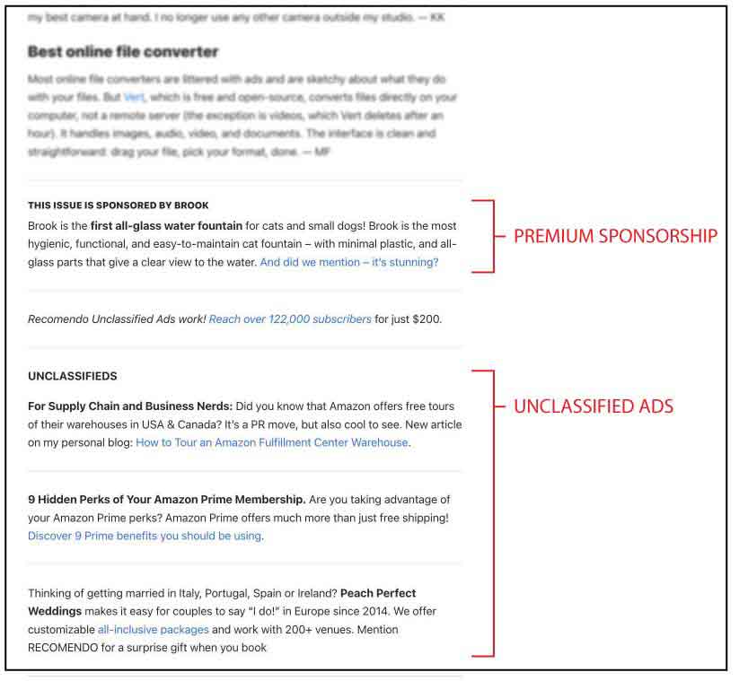 Sample of ads in Recomendo newsletter